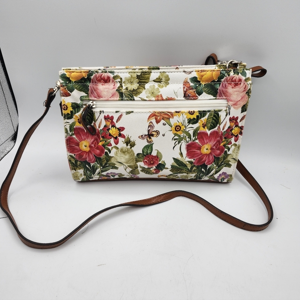 Bueno Floral/ Botanical Crossbody Bag with Brown Strap